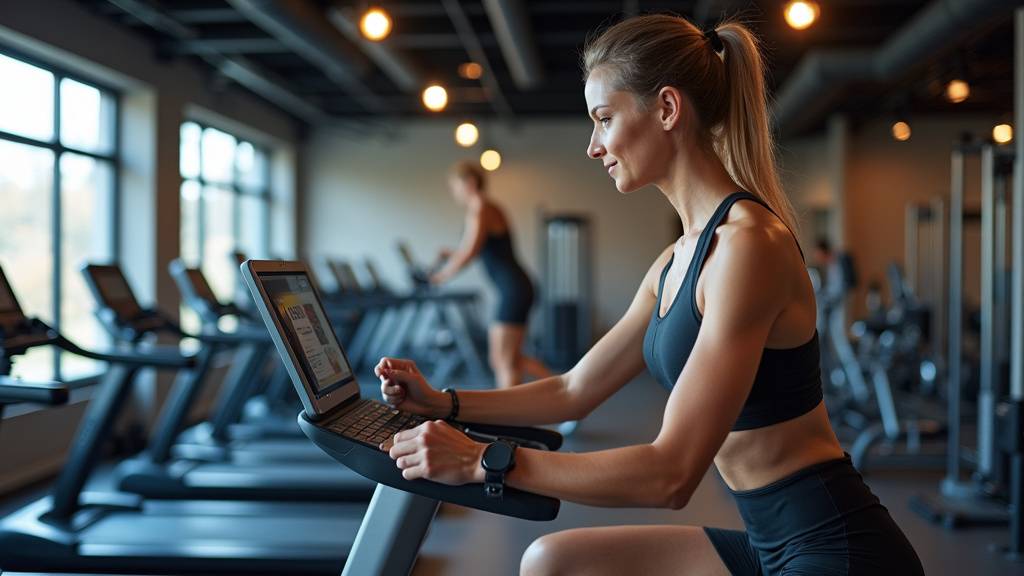 Femme souriante dans un environnement de salle de sport haut de gamme